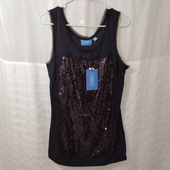 Vera Wang Tank Top Black Sequins Eyelash Lace Edges Cotton Blend Medium M - Picture 10 of 11